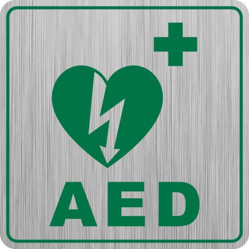DEFIBRILLÁTOR  HELYÉT JELÖLŐ TÁBLA 80x80 - EXKLUZÍV - EZÜST-ZÖLD